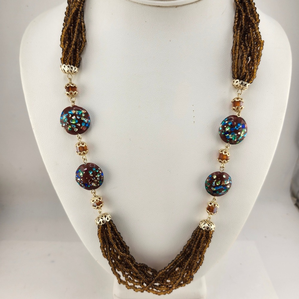 Vintage Artisan Beaded Necklace Multi Strand Amber Brown Statement